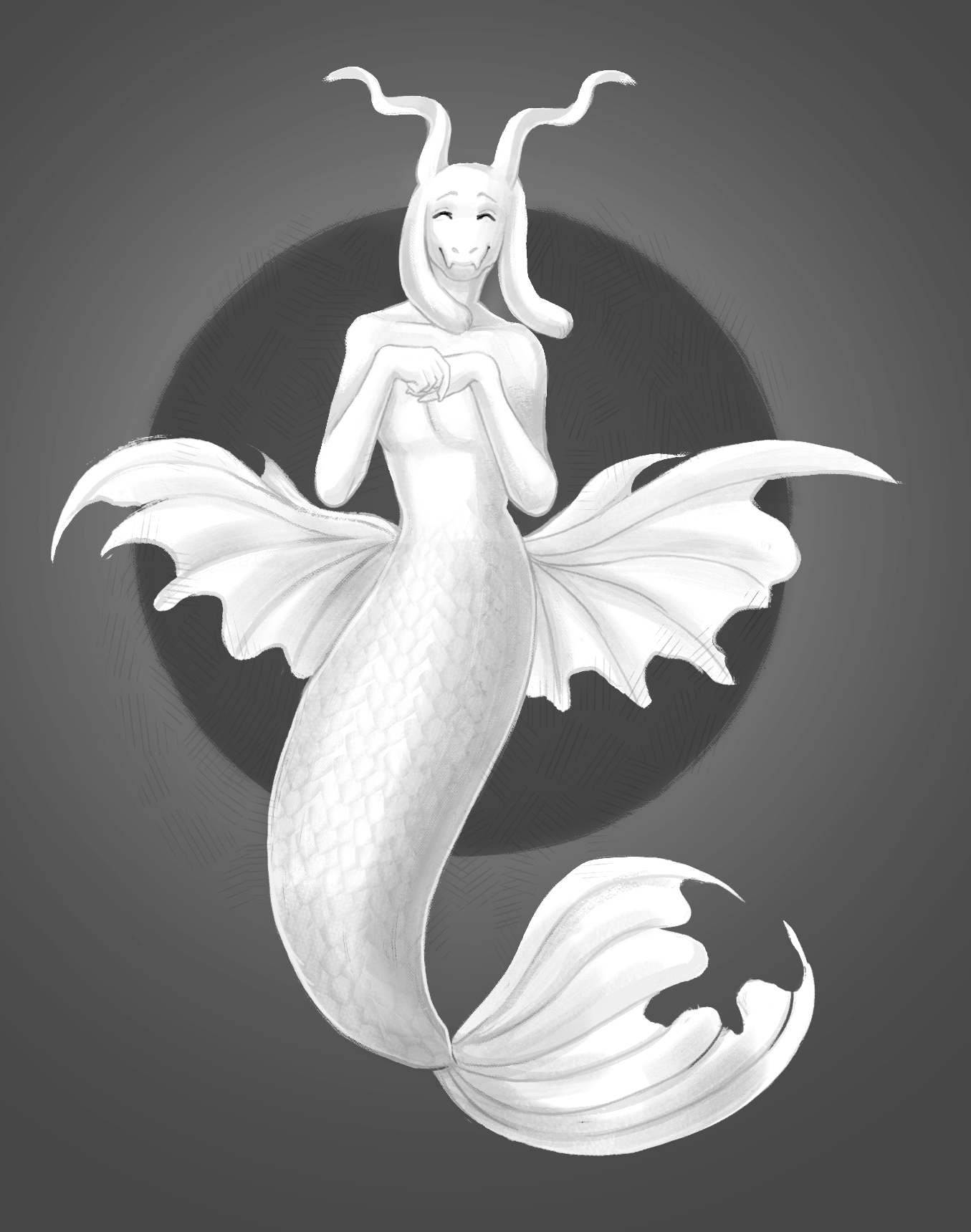 Illustration d'une sirène à tête de chèvre en noir et blanc devant un rond gris foncé.