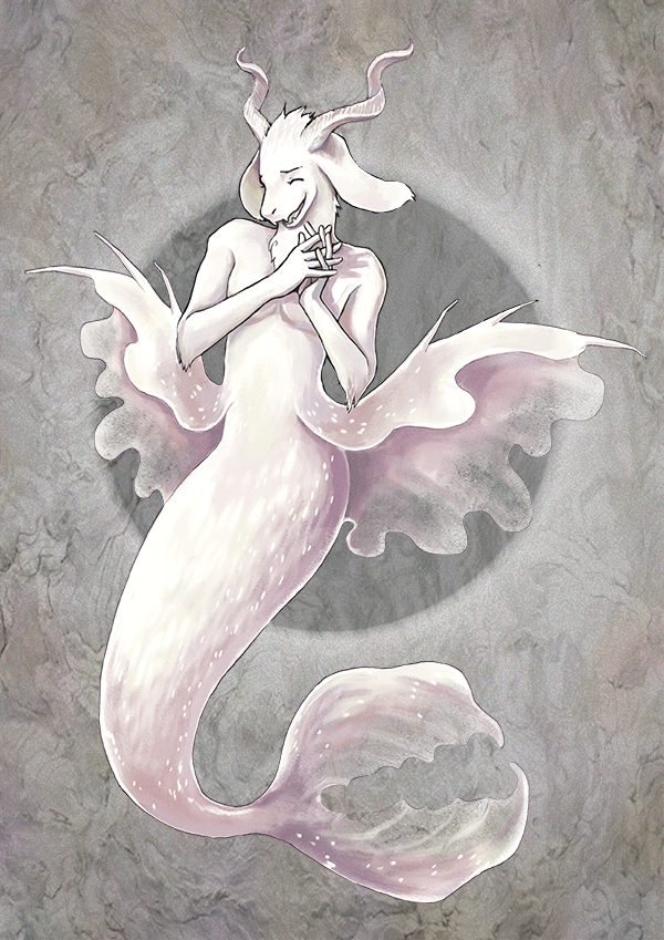 Illustration d'une sirène à tête de chèvre, blanc rosé qui s'amuse. Il y a un rond gris derrière en fond.