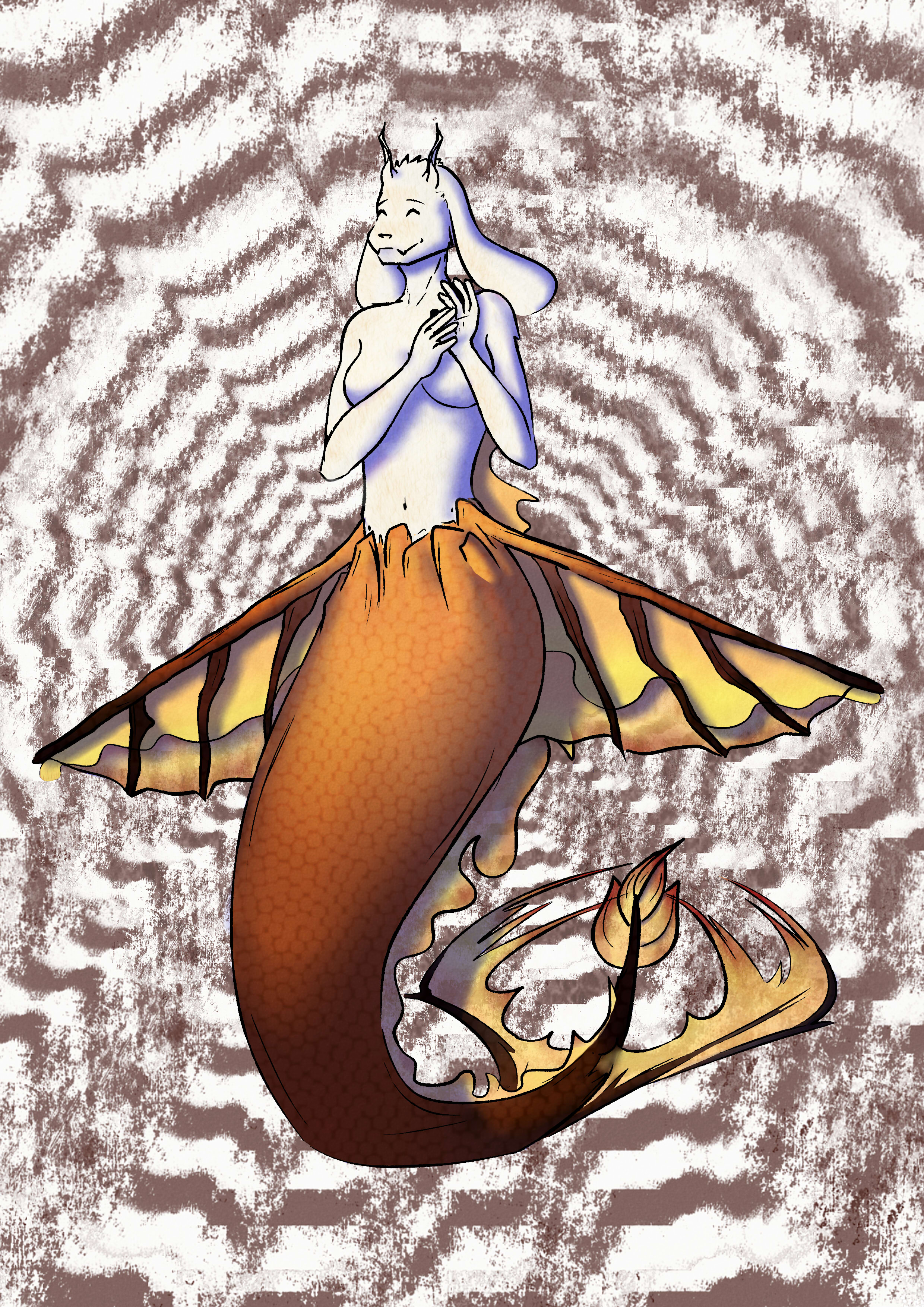 Illustration d'une sirène à tête de chèvre. Sa queue de sirène est orange.