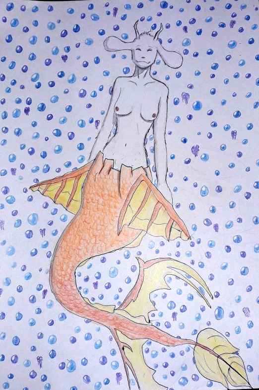 Illustration d'une sirène à tête de chèvre. Sa queue de poisson est orange. Le fond est un motif répété de bulles bleues claires et bleues foncées.
