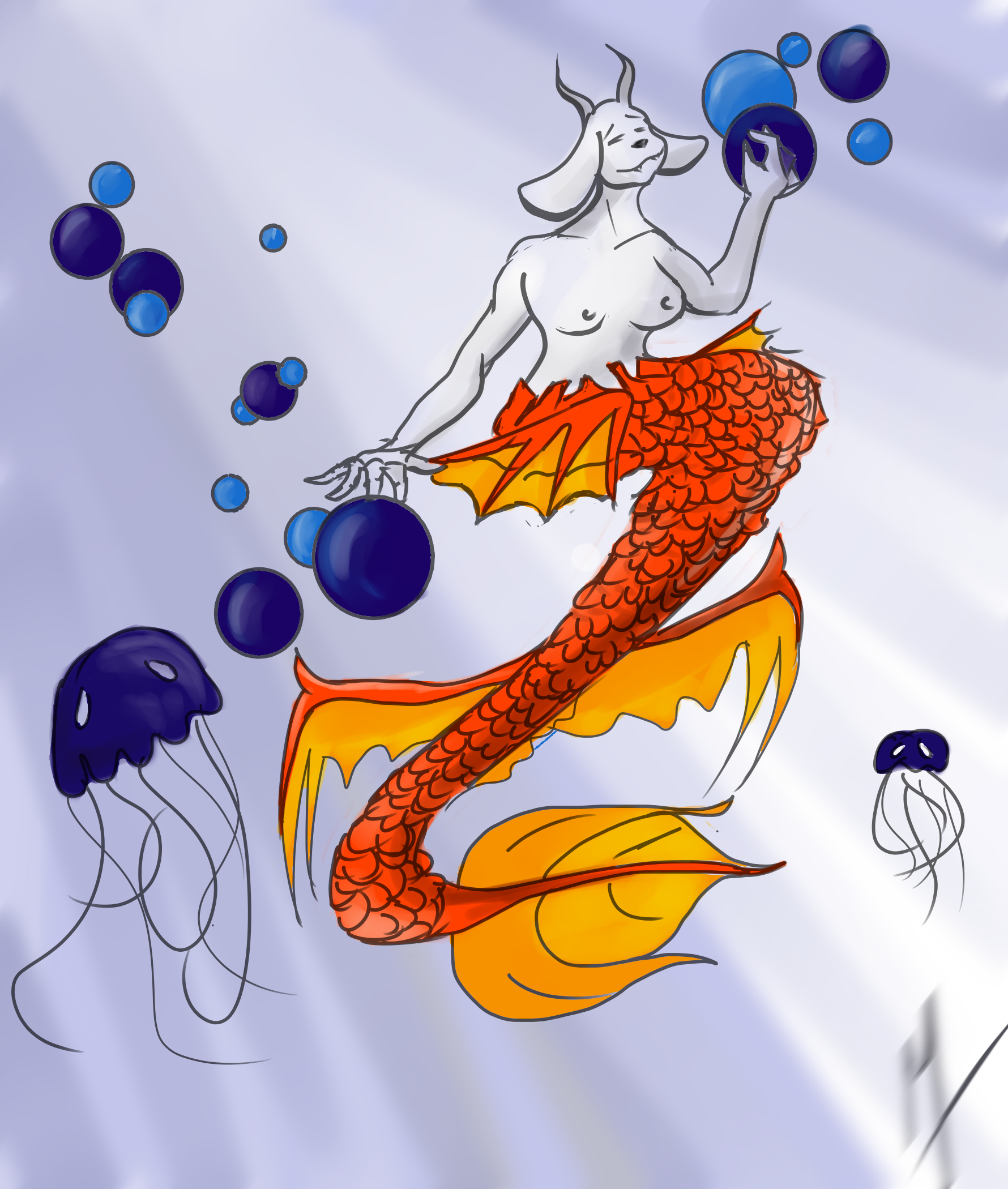 Illustration d'une sirène à tête de chèvre. Sa queue de poisson est orage et elle joue avec des bulles bleues foncées et bleues claires. Il y a des méduses à sa gauche et à sa droite.