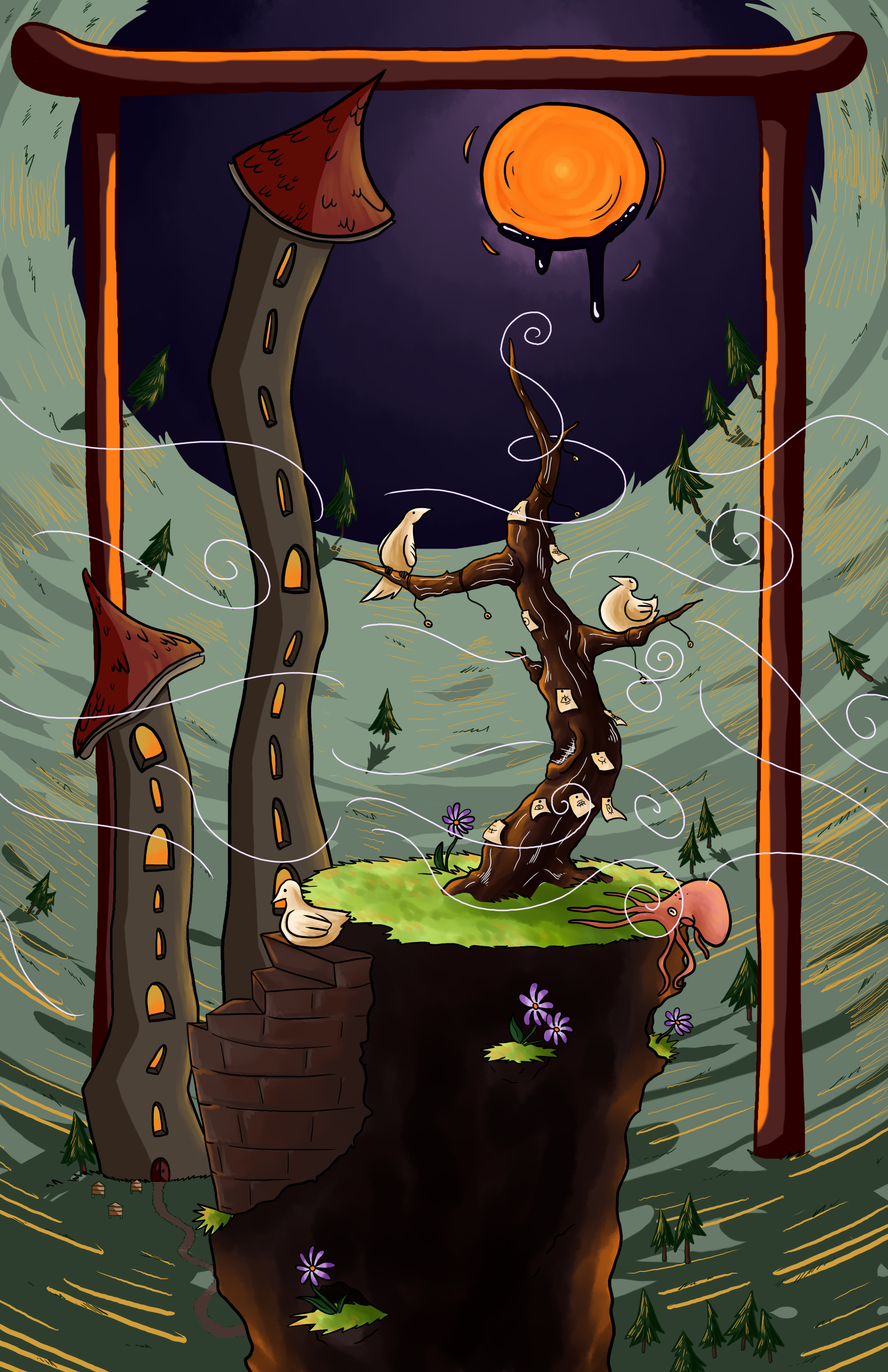 Illustration d'une trou recouverte de terre qui domine un plaine. Il y a dessus un arbre sans feuillage mais avec des pages accrochées dessus, trois oiseaux et un poulpe rose. Dans le fond il y a deux autres tours tordu avec des toits rouges et pointus. Derrière il y a une sorte de torii. Le ciel est violet et la pleine lune est orange et comme si c'était un trou, un liquide noir s'en écoule.