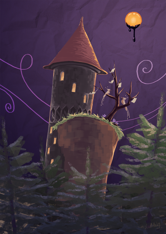 Illustration d'une tour au toit rouge et pointu qui trône à la cime d'une forêt de sapin. Devant il y a un promotoire en terre sur lequel se trouve un arbre sans feuillage. Sur l'arbre il y a trois oiseaux blancs et des pages accrochées sur ses branches. Il y a une pleine lune orange d'où semble s'écouler un liquide noir et visqueu.
