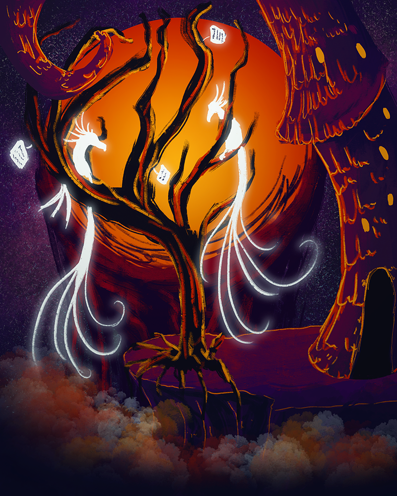 Illustration d'une tour tordu sur une falaise. au bord de la falaise se trouve un arbre sans feuillage sur lequel se trouve deux oiseaux blancs et lumineux. Il y a des pages accrochés aux branches de l'arbre. En fond, il y a une énorme pleine lune orange.