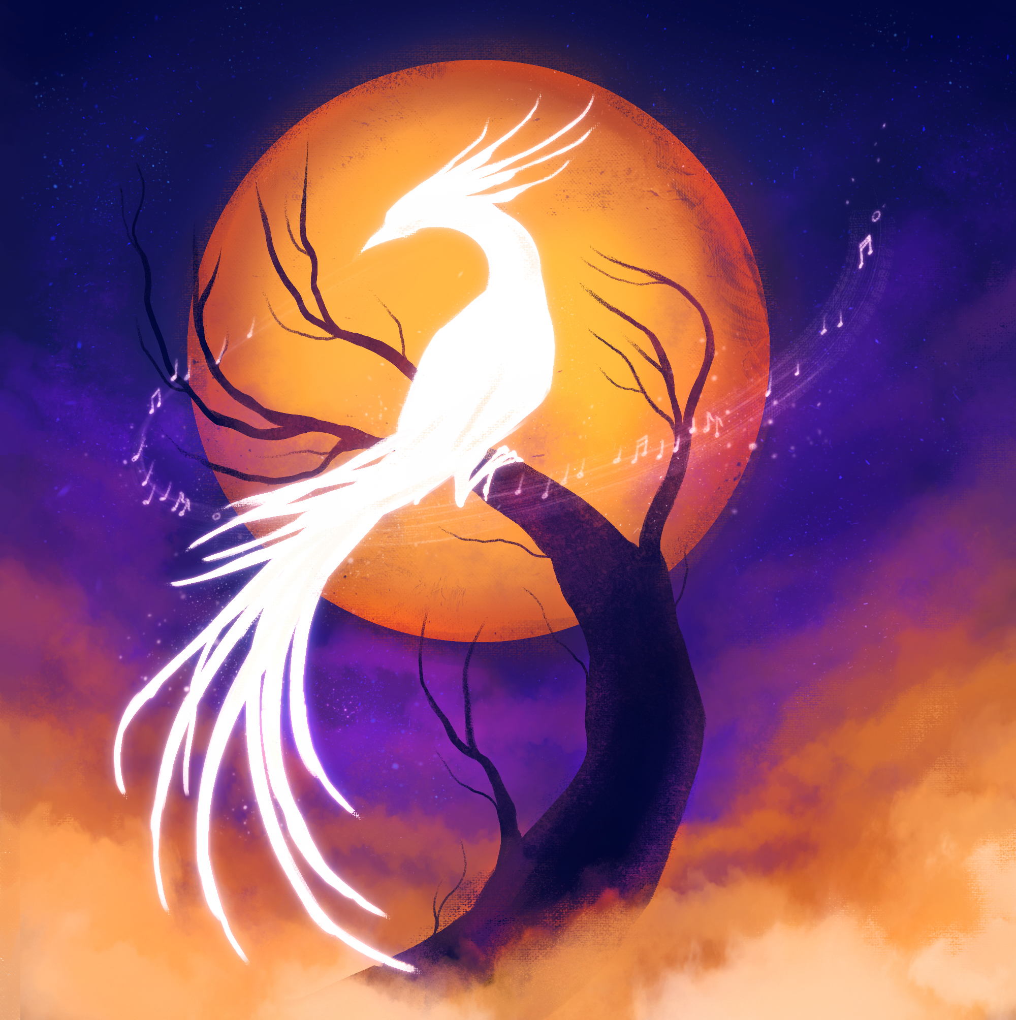 Illustration d'un oiseau blanc et lumineux perché sur une branche qui dépasse de la brume. Derrière lui il y a une grosse pleine lune orange. Autour de lui il y a des notes de musique sur une partition.