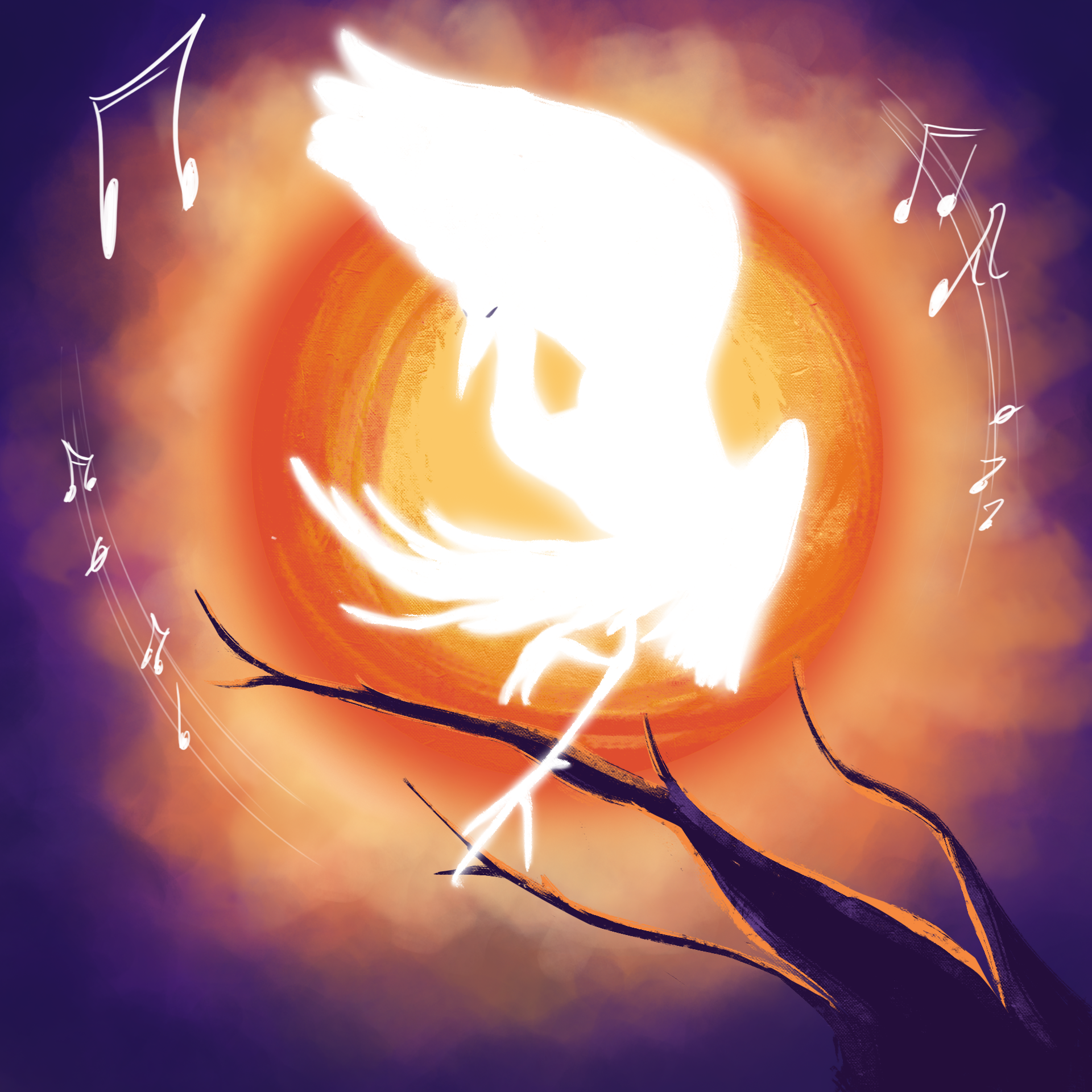 Illustration d'un oiseau blanc, lumineux et dansant sur une branche au sommet d'un arbre, avec des notes de musiques autour de lui. En arrière-plan, se trouve un gros soleil orange sur fond violet foncé.