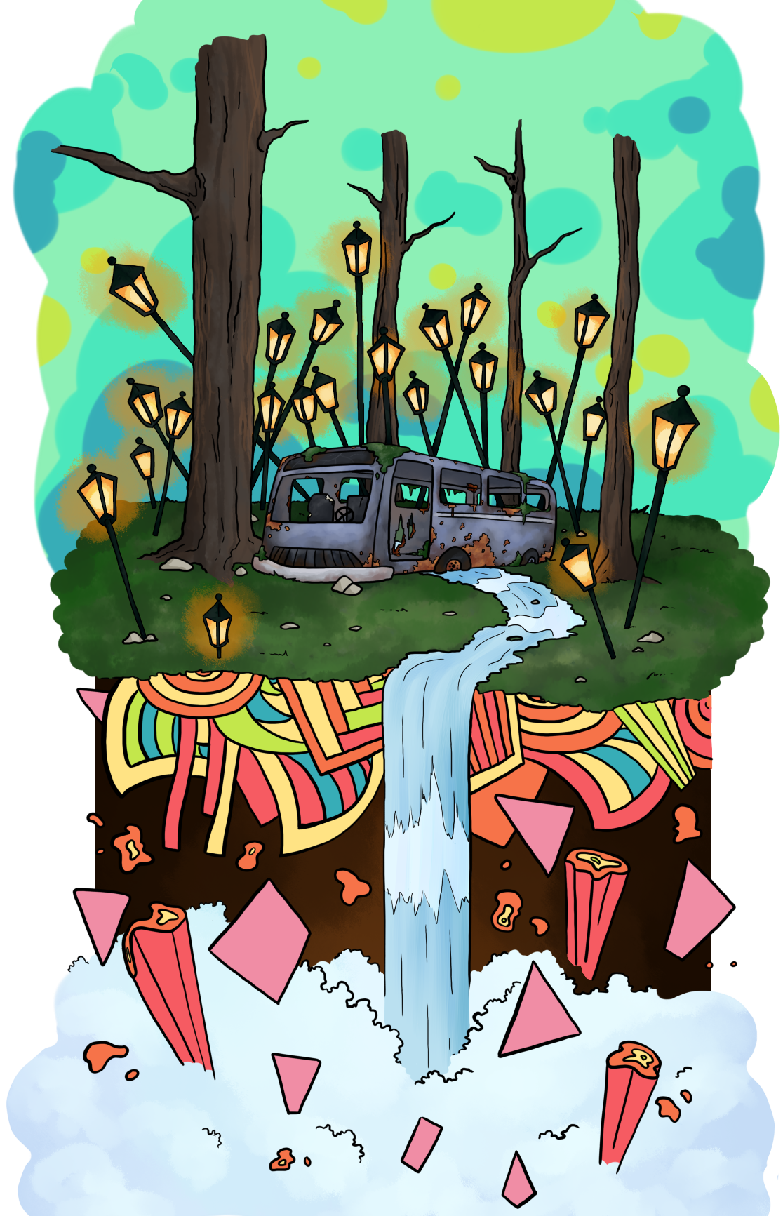 Illustration d'un bus abandonné dans une foret. Il y a une rivière qui coule sous le bus et une forêt de lampadaires allumés entre les arbres. Sous le sol, là où la rivière devient une cascade, il y a des formes géométriques aux couleurs variées.