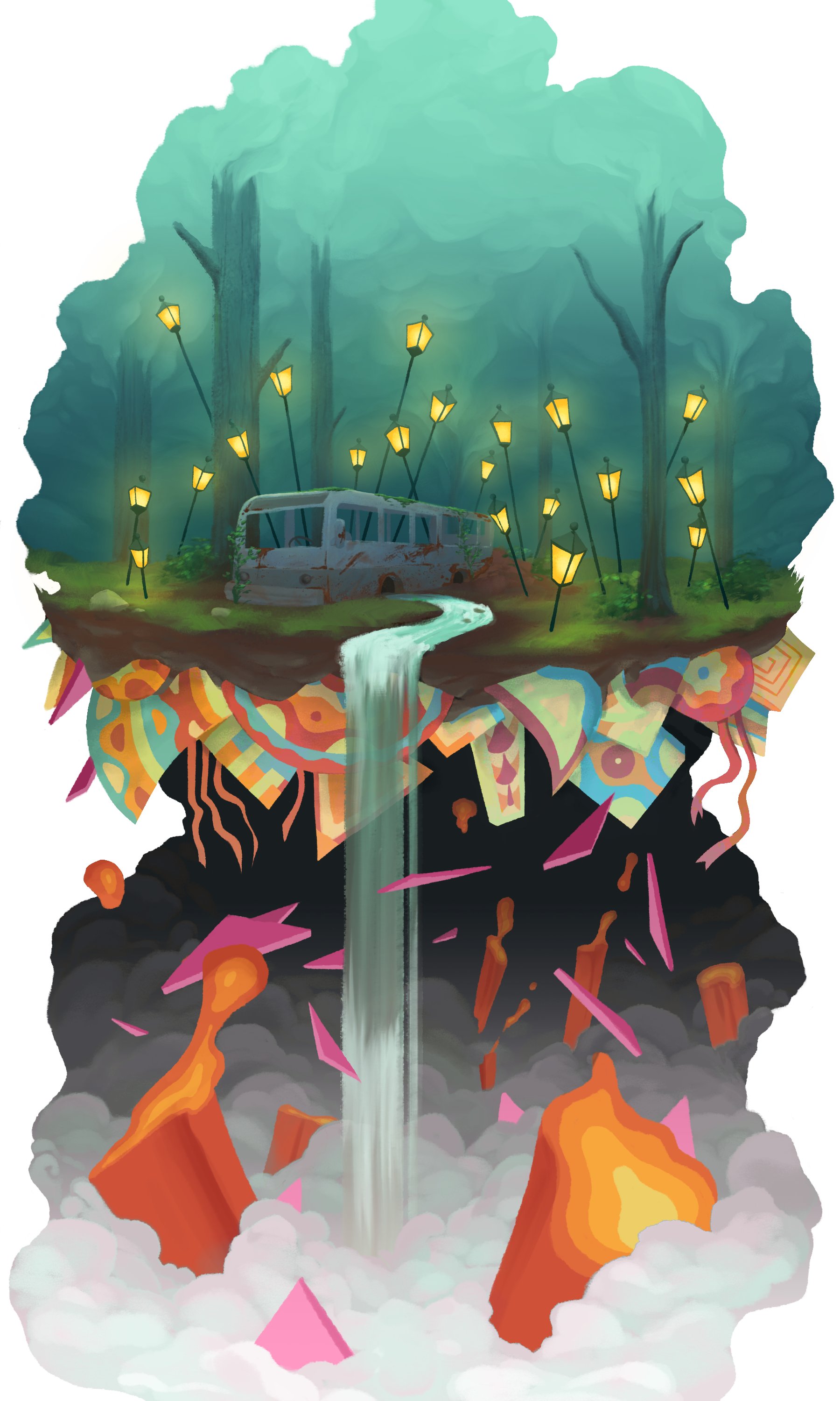Illustration d'un bus abandonné dans une foret brumeuse. Eparpillé dans la foret il y a des lampadaires allumé et de sous le bus une rivière qui coule jusqu'à formé une cascade au bord du sol. Sous le sol il y a des formées géométriques colorées qui semble tomber et se mêlé à la brume de la cascade.