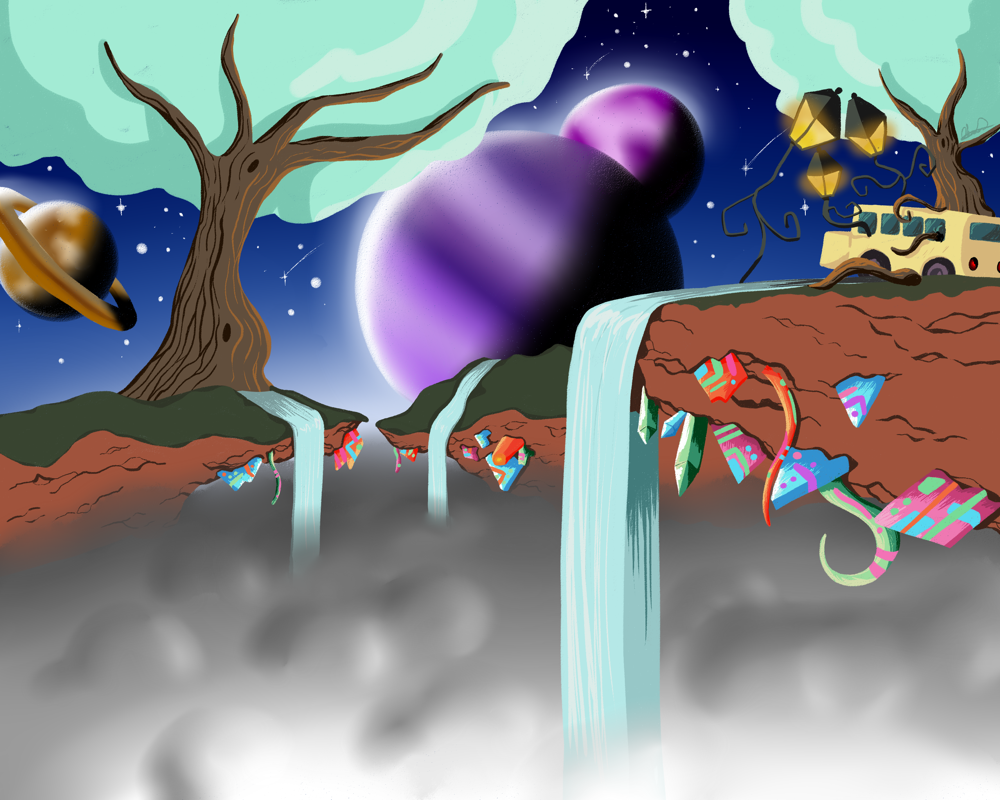 Illustration de plusieurs iles volantes dans l'espace. Sur les iles il y a des arbres et des rivières qui s'écoulent en cascade dans le vide lorsqu'elles atteignent le bord d'une ile. Sous les iles, il y a des formes géométriques colorées. Sur une ile à droite de l'illustration, il y a des lampadaires allumés et un bus jaune abandonné. En arrière plan il y a de grosses planètes.
