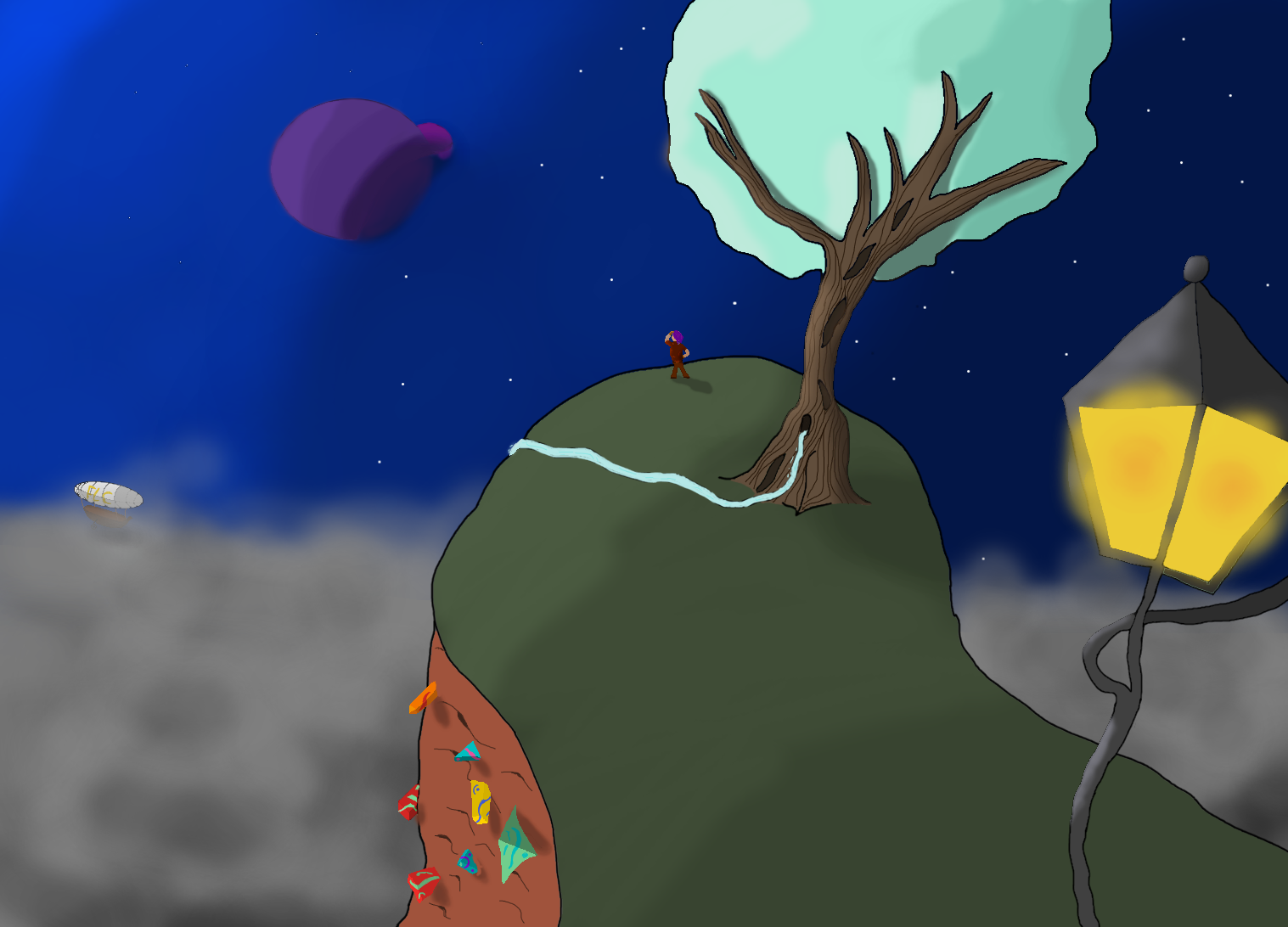 Illustration d'une falaise au dessus de la brume. Il y a un arbre dessus et une rivière s'écoule de son tronc dans le vide, ainsi qu'un lampadaire allumé en premier plan. Il y a une personne sur la falaise qui regarde à l'horizon. A l'horizon de la brume il y a un dirigeable et dans le ciel une grosse planète violette qui en cache une autre plus petite. Dans la falaise des formes géométriques colorées sont enfoncées.