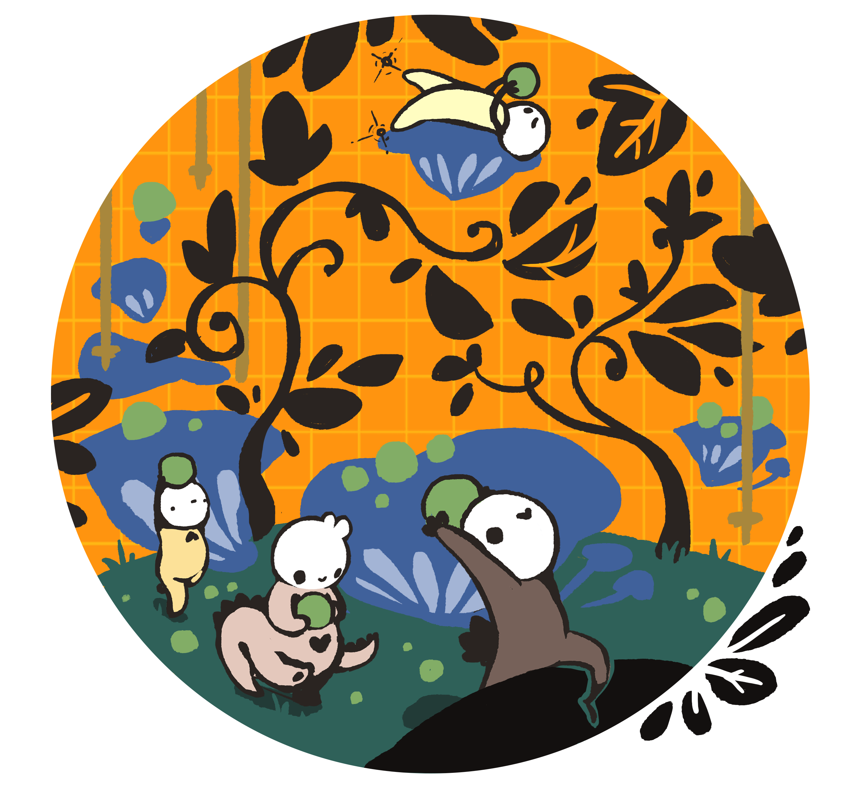 Illustration dans un cercle a fond orange, de trois créatures défilant en emportant des boules de mousses. Il y a des champignons géants dans le fond et une quatrième créature allongée sur l'un d'eux.