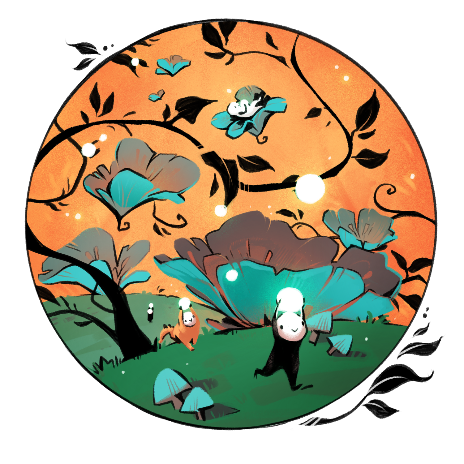 Illustration dans un cercle a fond orange de coline avec du lière et de grande fleur bleu-vertes. Trois petites créatures se baladent avec des boules de lumières dans les mains. Une quatrième est allongée dans une fleur.