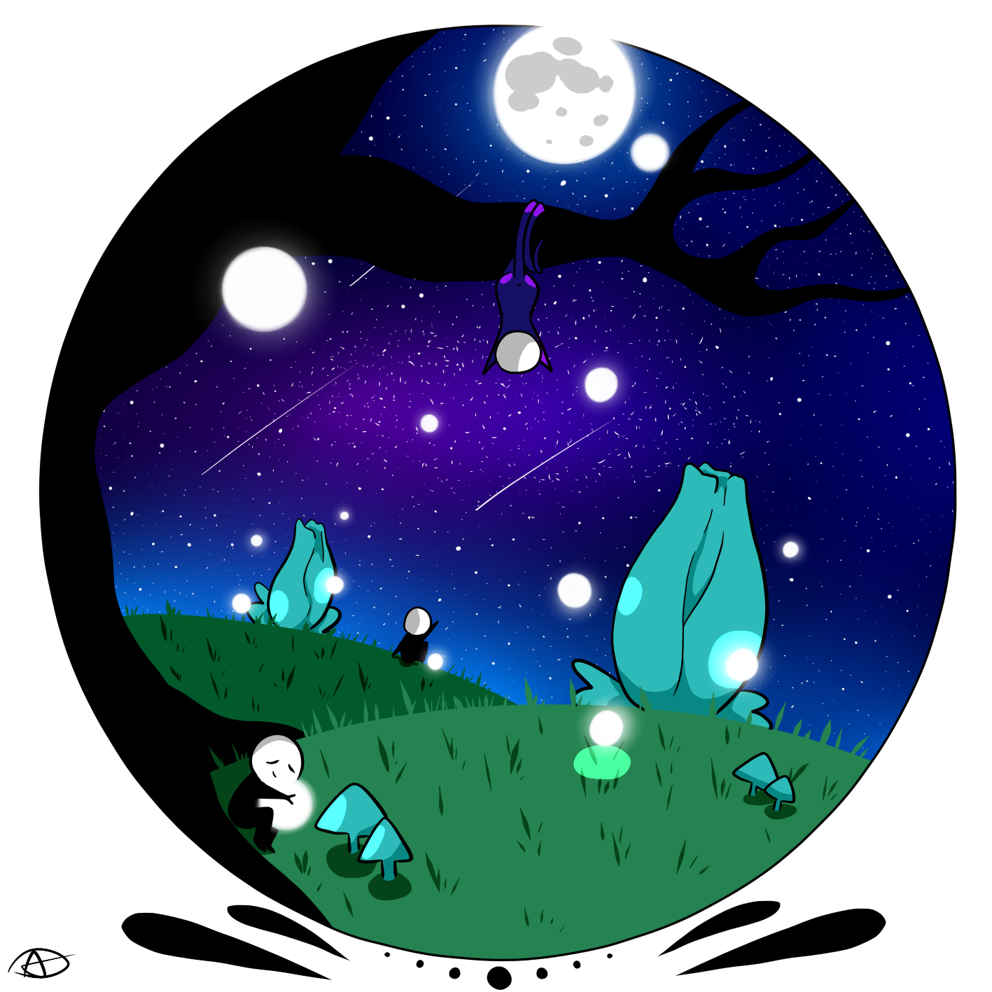 Illustration dans un cercle a fond de nuit étoilée avec une pleine lune. Il y a un arbre en premier plan. Sur les colines de grandes fleurs fermées et deux créatures qui dorment dont l'une en tenant un orbe lumineux.