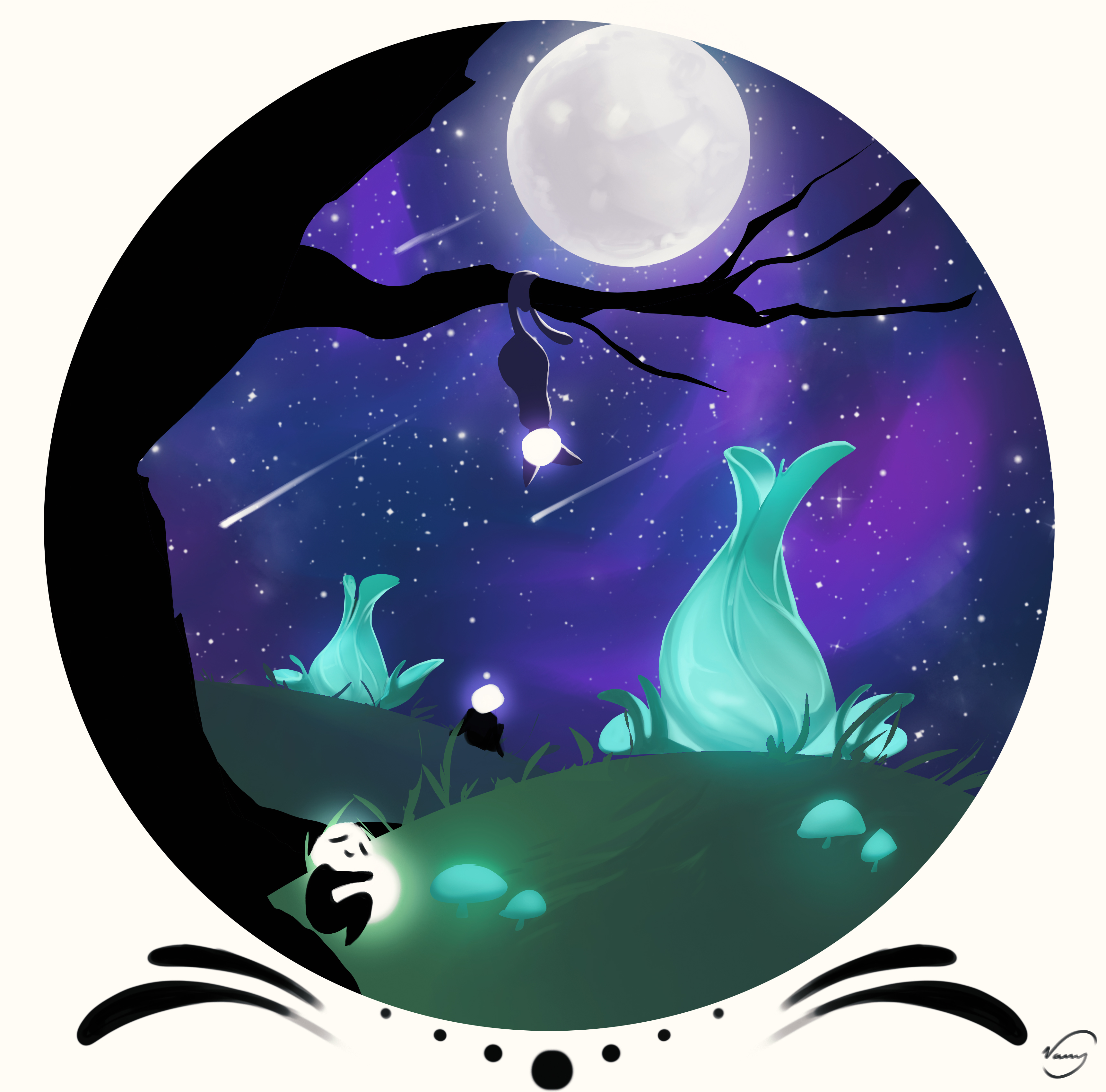 Illustration dans un cercle a fond de nuit étoilée avec une pleine lune. Il y a un arbre en premier plan. Sur les colines de grandes fleurs fermées et deux créatures qui dorment dont l'une en tenant un orbe lumineux. Il y a aussi un chat pendu à une branche de l'arbre par la queue.