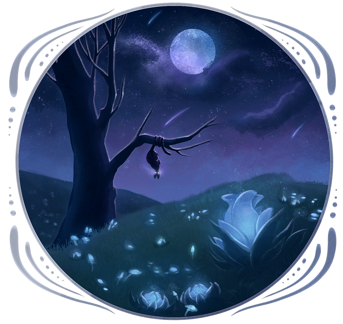 Illustration dans un cercle d'un paysage de nuit de pleine lune avec un arbre parmi des colines. Il y a un chat accroché a une branche de l'arbre par la queue et des fleurs bleus pales et légèrement lumineuses sur les colines.