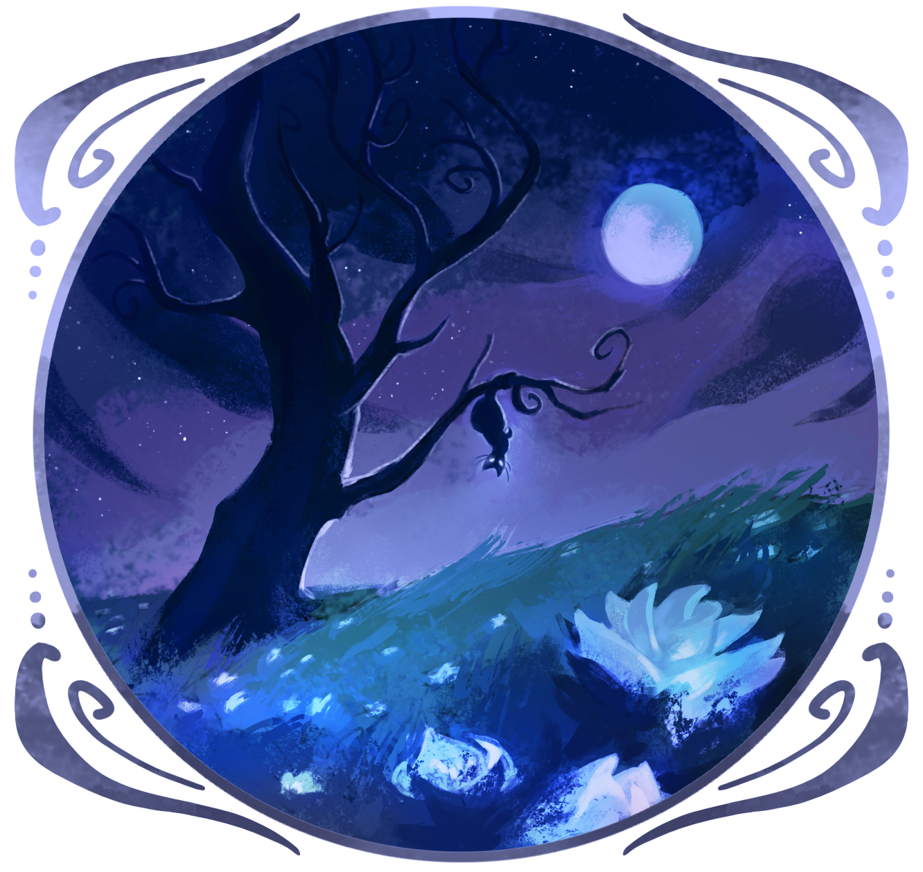 Illustration dans un cercle d'un paysage de nuit sans étoile mais de pleine lune. Il y un arre tordu avec un chat accroché dessus par sa queue. De grosses fleurs lumineuses dans l'herbe au pied de l'arbre.