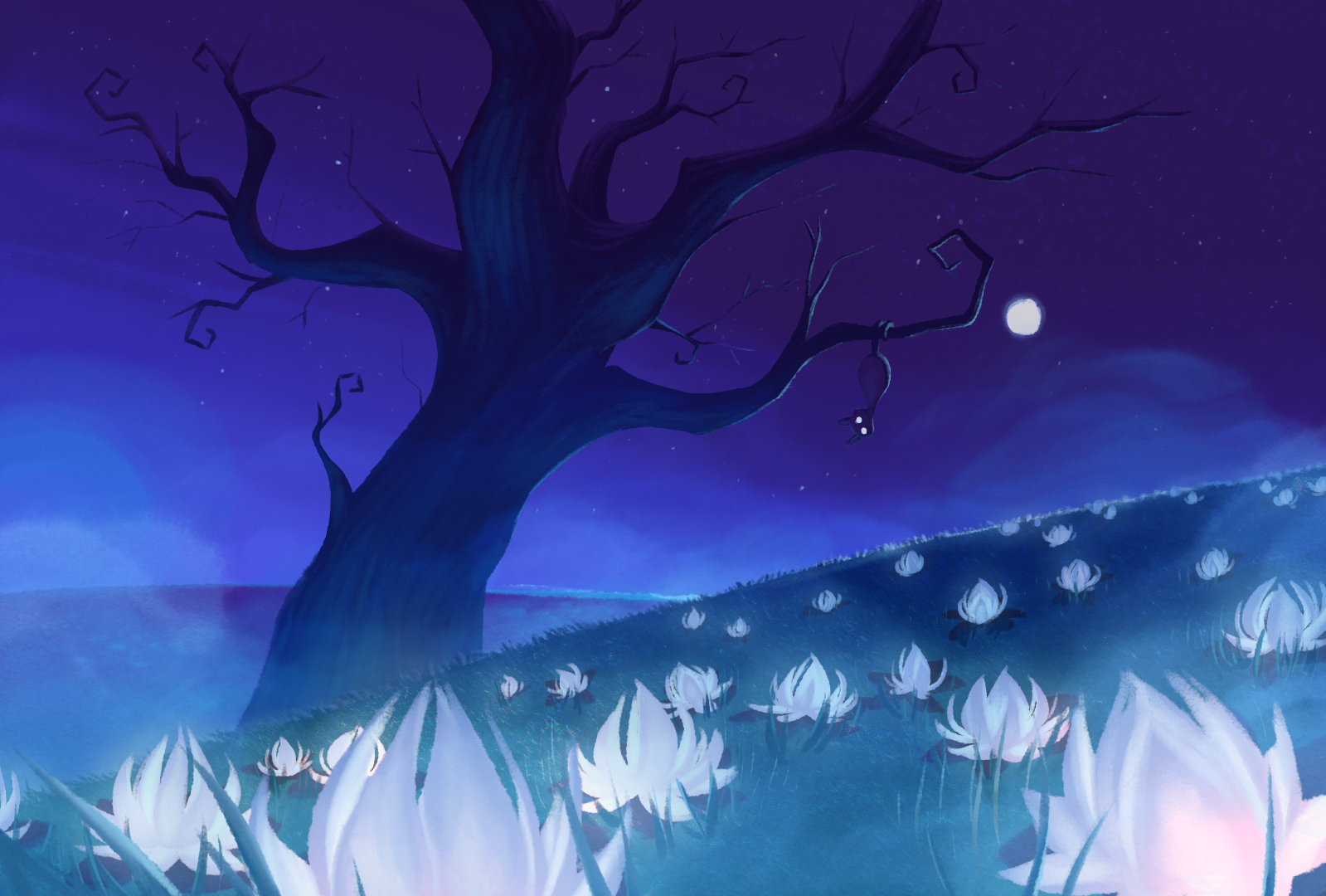 Illustration dans un carrée d'un paysage de nuit avec un grand arbre dans une plaine avec plein de grosses fleurs blanches.