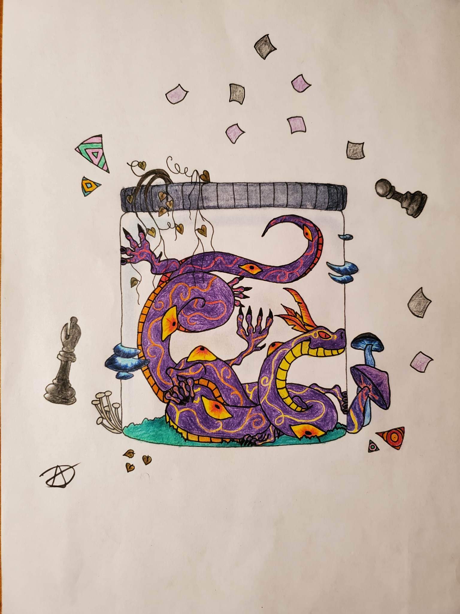 Illustration d'un long dragon enfermé dans une jarre en verre. Il est violet et orange et son corps est recouvert d'yeux jaunes-orangés. Il y a du lière fané sur la jarre et des champignons bleus. Des confettis autour et des pièces d'echecs.