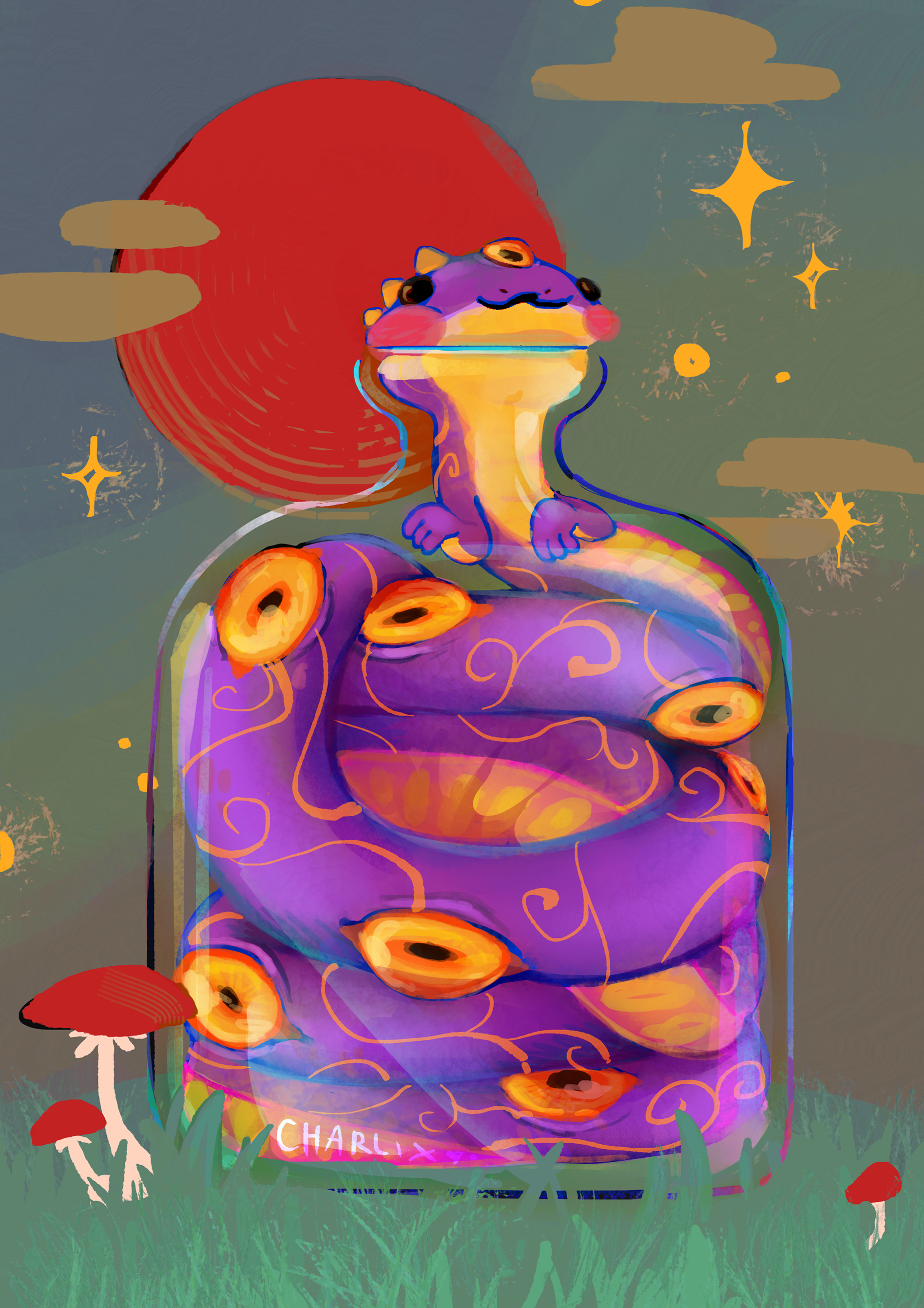 Illustration d'un long dragon mignon dans une bouteille en verre, sa tête dépasse tout juste du goulot. Il est violet et orange et son corps est recouvert d'yeux jaunes-orangés. La bouteille se trouve dans l'herbe, il y a des champignons autour, des étoiles dans le ciel et une grosse lune ronde et rouge.