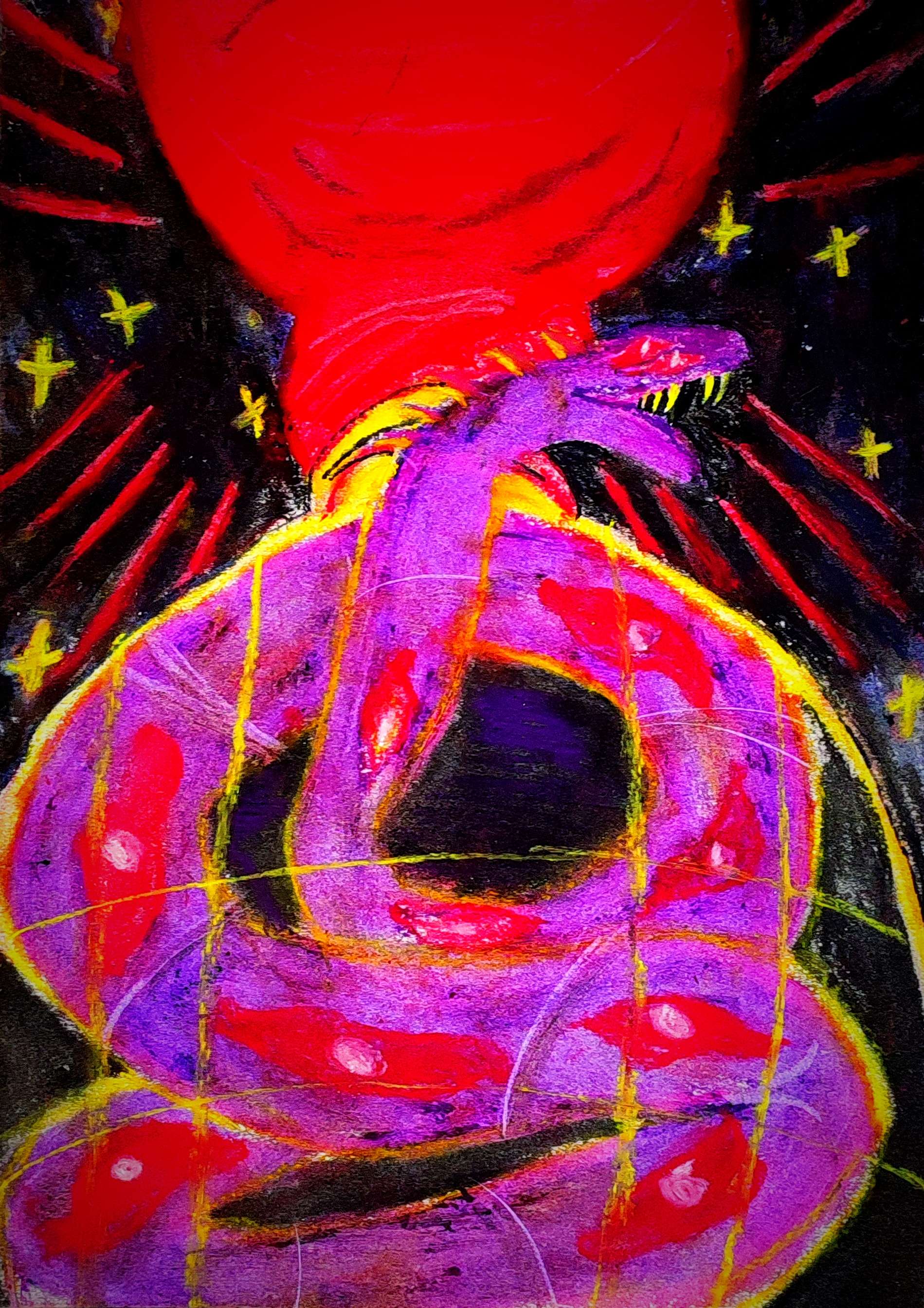 Illustration d'un long dragon violet enfermé dans une bouteille. Il a le corps recouvert d'yeux rouge et la bouche pleine de dents. Au dessus de la bouteille il y a deux ronds rouges, l'un sur l'autre, dans la nuit noir, avec des étoiles autour.