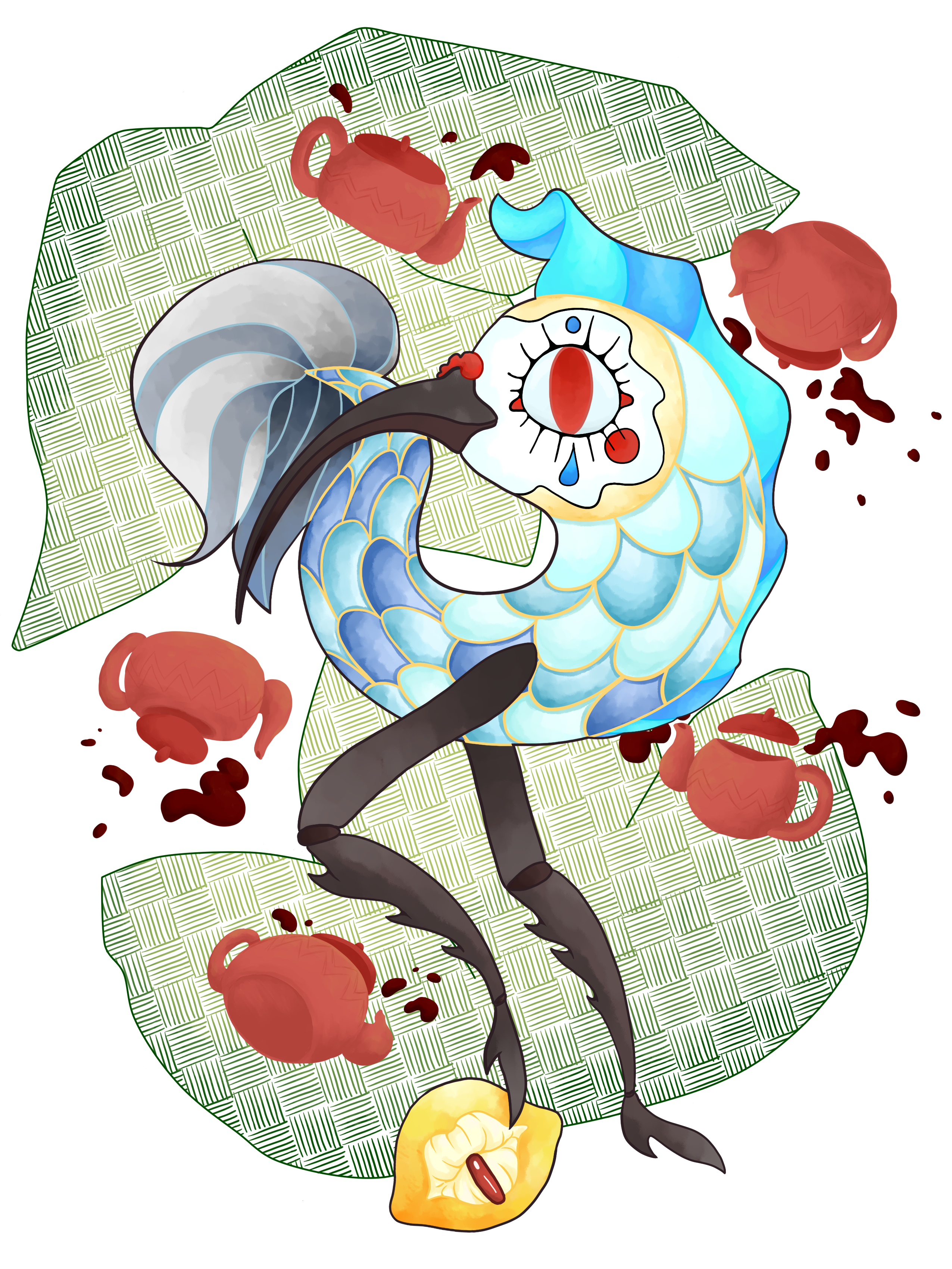Illustration d'un poisson avec un maquillage blanc de clown, un bec d'oiseaux et deux longues pattes d'insectes. A ses pieds se trouve un citron avec une bouche. Tout autour flottent des théières rouges avec des éclaboussures de thé rouge foncé.