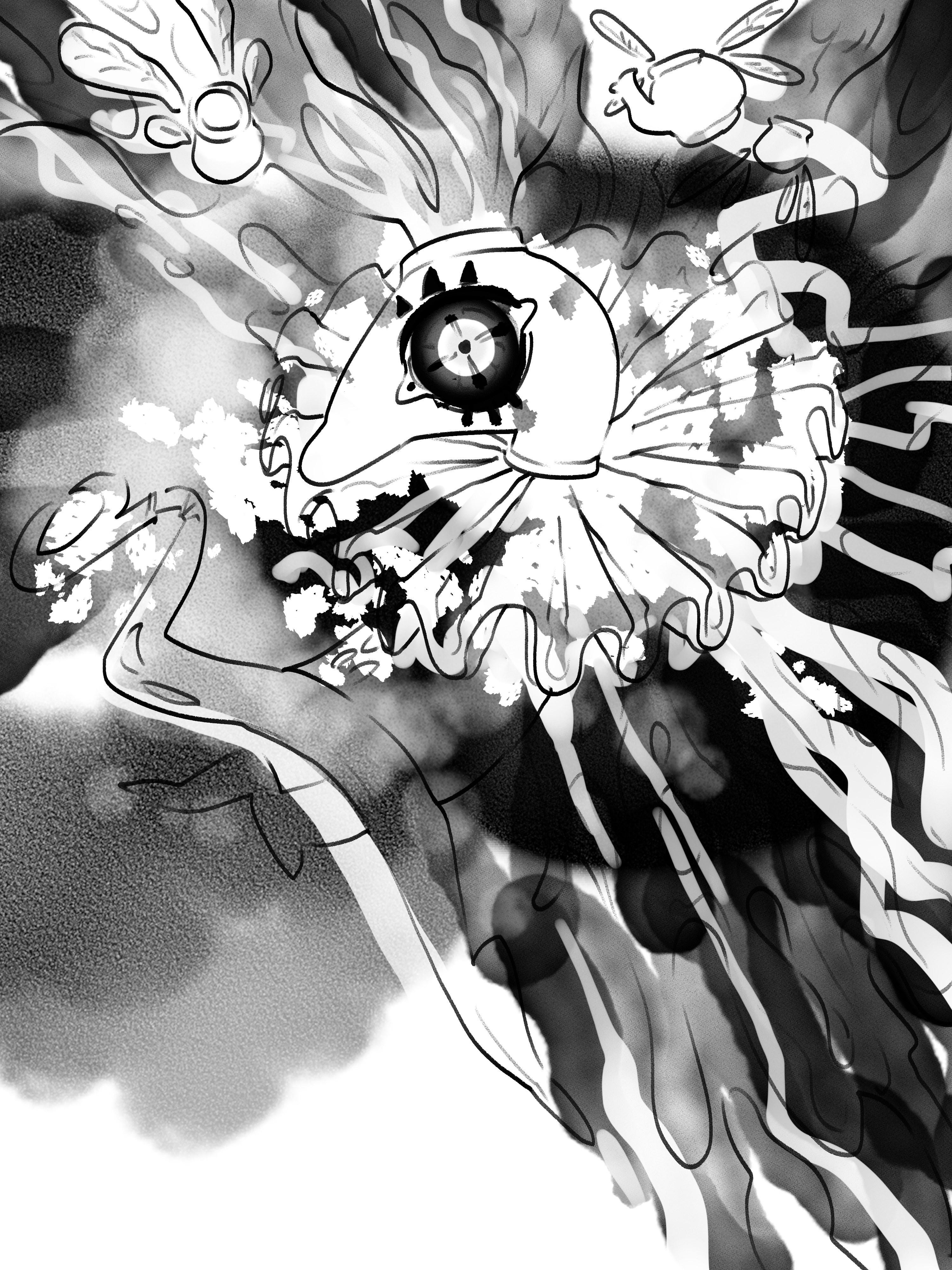 Illustration en noir et blanc d'une créature avec une grande collerette et le bout de sa queue est en forme de croissant de lune. De sa tête semble s'échapper une explosion de liquide. La créature à un gros oeuil qui est le focus de l'image. trois théières volent autour avec des ailes de libellules.