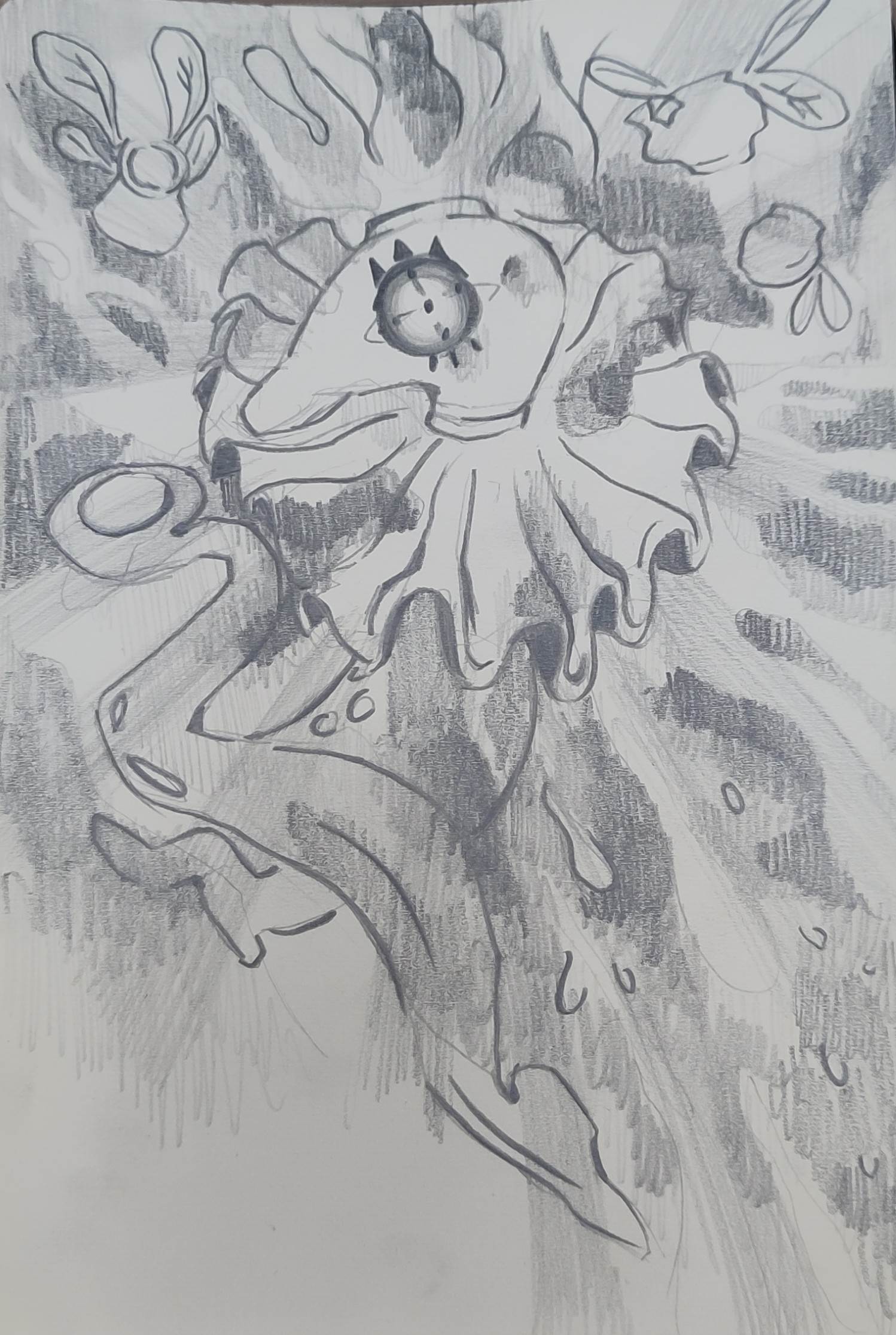 Illustration en noir et blanc d'une créature qui cours vers nous en nous regardant, la tête sur le côté. Elle a un gros oeuil et porte une grande collerette. Le bout de sa queue est en frome d'anneau. Trois théières avec des ailes de libellule volent autour. 