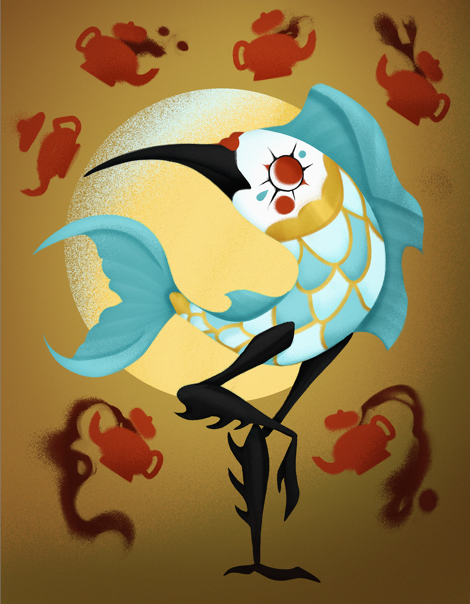 Illustration d'un poisson avec un maquillage blanc de clown, un bec d'oiseaux et deux longues pattes d'insectes. Il y a un rond jaune dans le fond et tout autour des théières flottes et de grandes lampées de thé rouge foncé s'écoulent des théières.