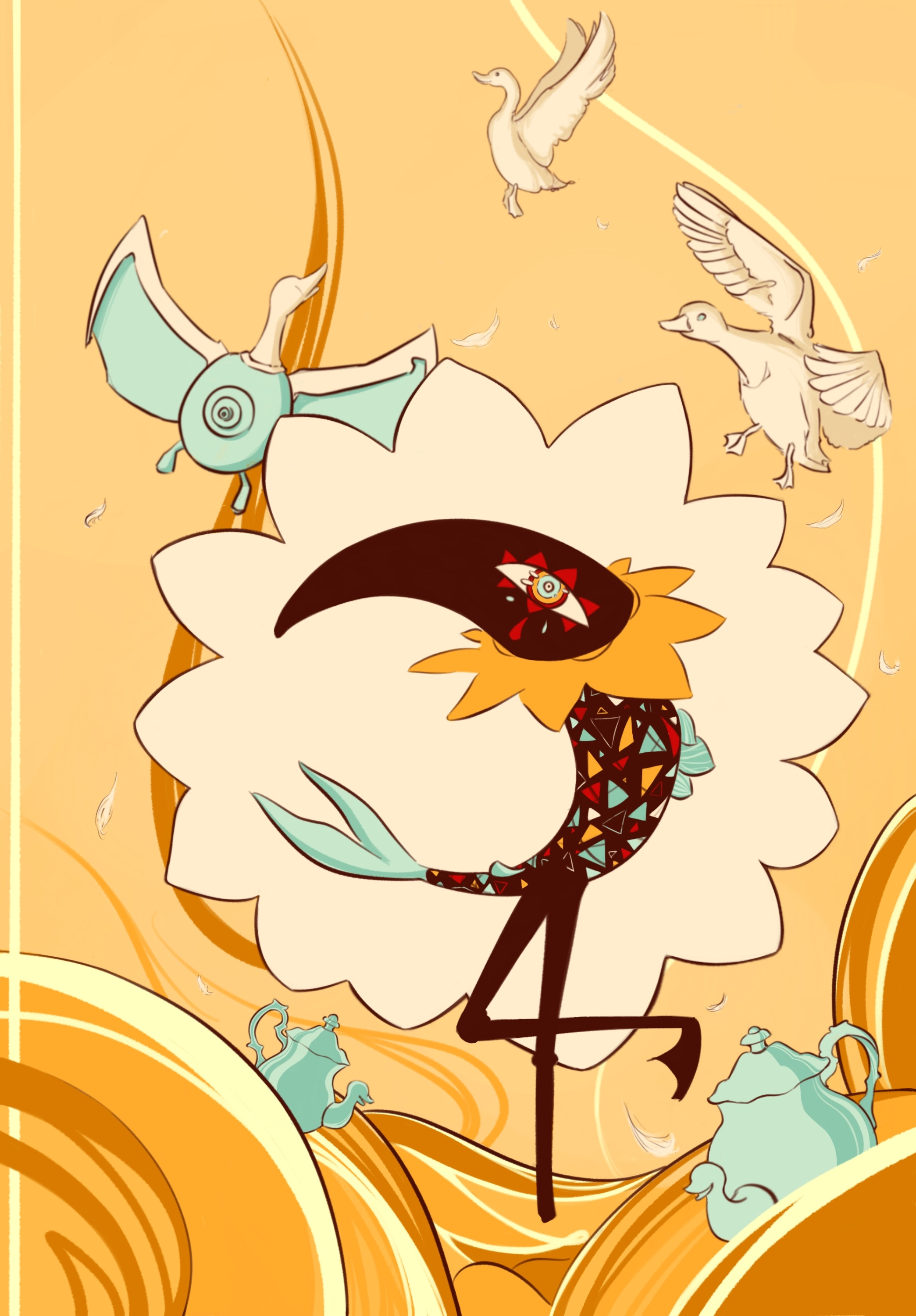 Illustration d'une créature en forme de croissant de lune, avec une queue de poisson et de longue pattes d'oiseaux. La créature porte une collerette jaune. Elle a un maquillage léger de clown et a des triangles colorés sur le corps. Elle se trouve debout dans une mer jaune orangée sur laquelle flottent des théières en porcelaine. En haut de l'image une théière s'envole et se transforme en canard. Un canard vole à côté. Dans le fond il y a fleur blanche.