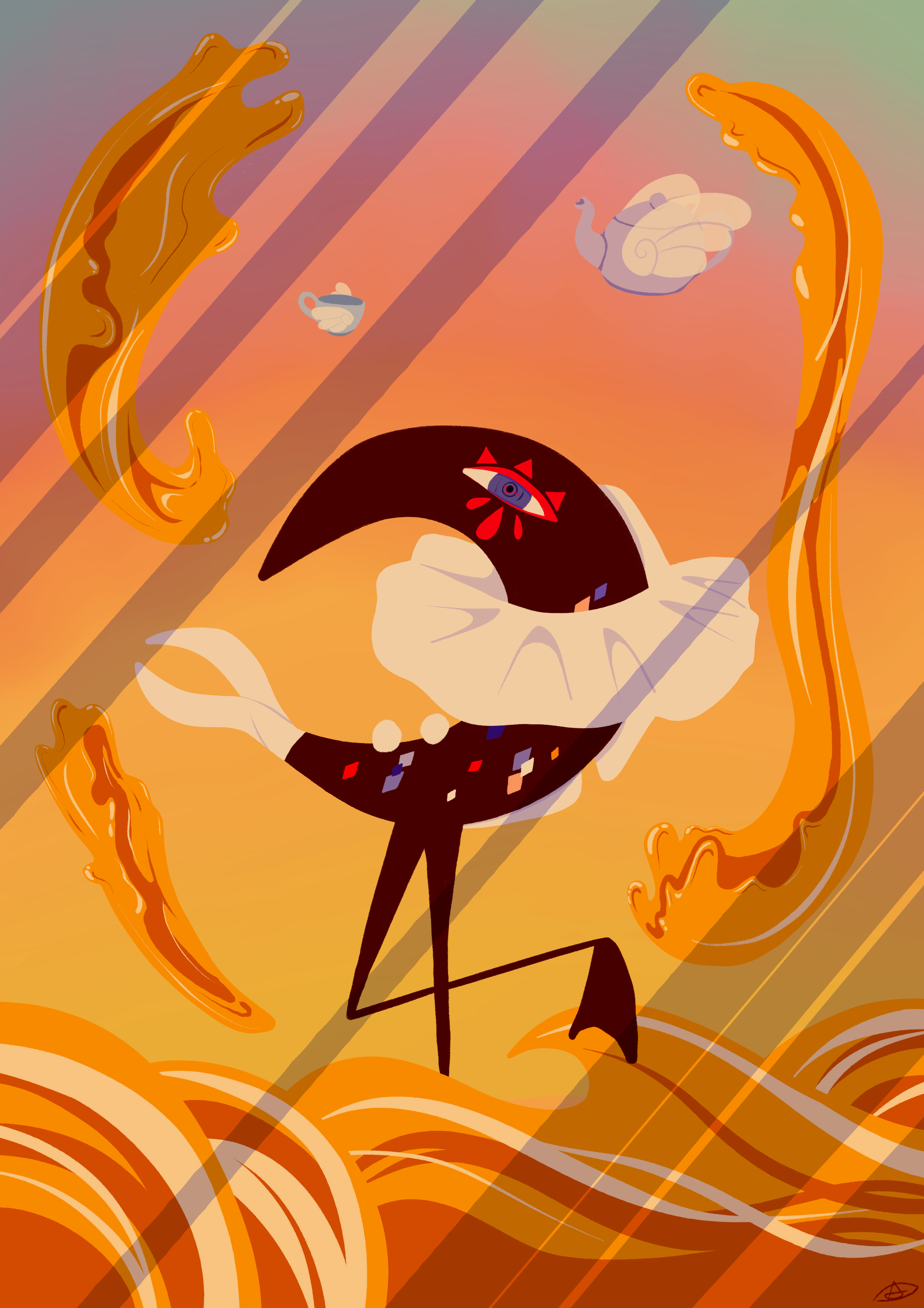 Illustration d'une créature en forme de croissance de lune, elle a de longues pattes d'oiseau palmés. Elle porte une large collerette blanche, deux ponpons blancs et une sorte de gant sur sa queue de poisson. Elle a un maquillage léger de clown et des losanges colorés sur le corps. Elle est debout dans une mer orangées. Il y a des gerbes du liquide orangé autour de la créature. au dessus vole une tasse et une théière avec des ailes.