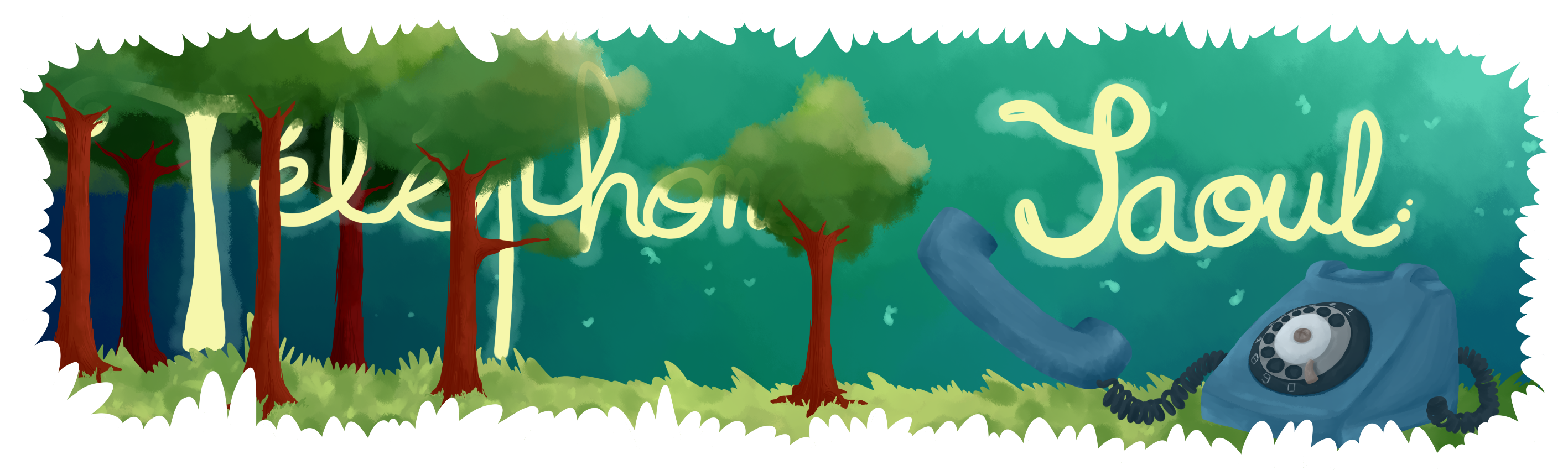 Illustration d'un paysage avec une forêt à gauche et un téléphone à cadran bleu géant à droite. Dans l'illustration il y a écrit <<Téléphone Saoul>>.
